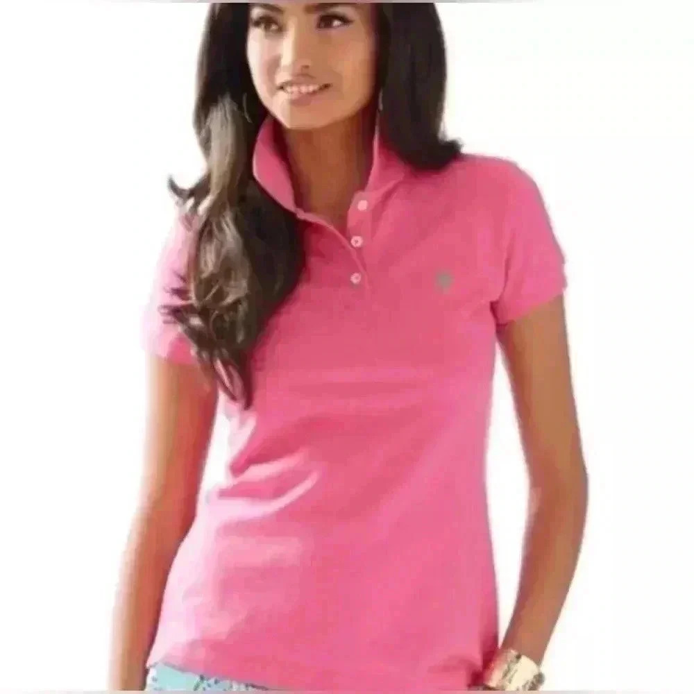 LILLY PULITZER  Short Sleeve Island Polo in Pink Size L Button Up